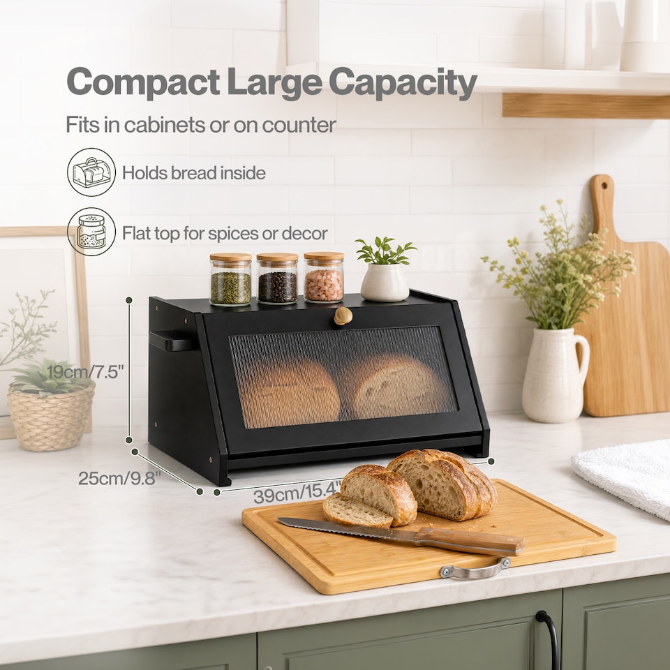 image 1 of TOQUE Bread Box, Wooden Bread Bin 2-Tier Bamboo Bread Storage Holder, Black