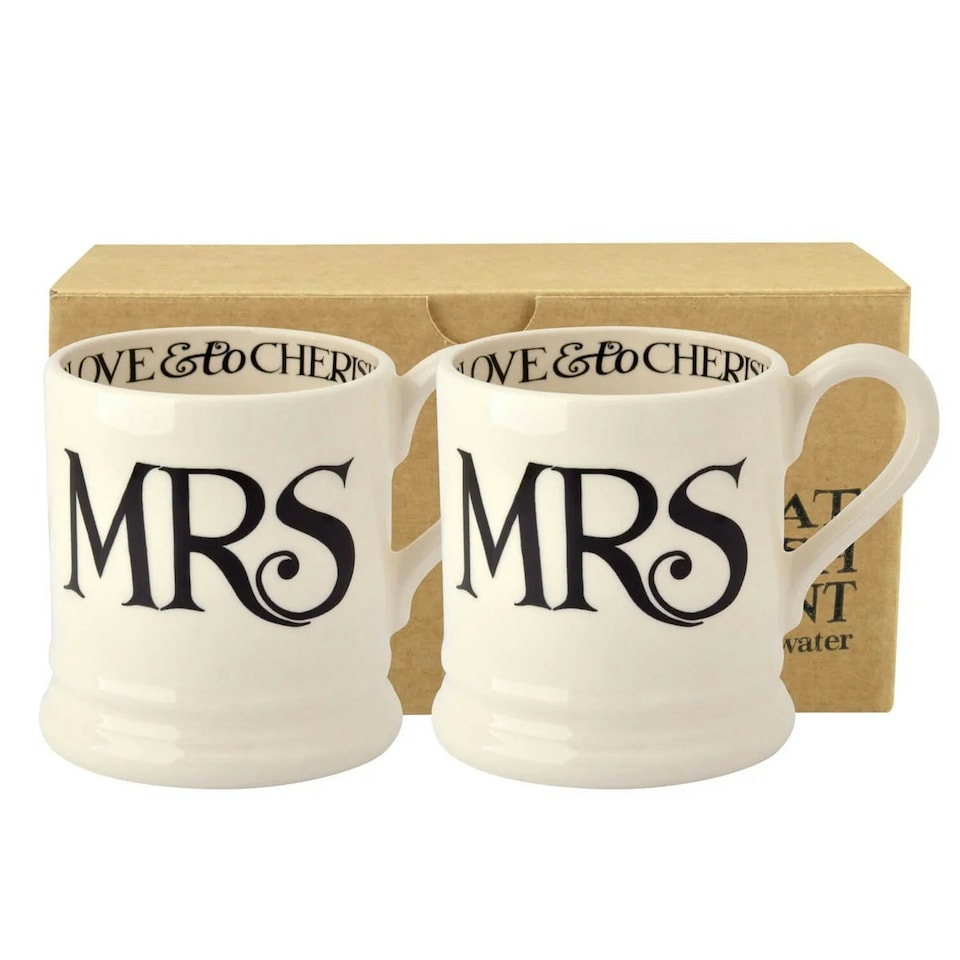 image 1 of Mug Set: 2 x 300ml Emma Bridgewater Black Toast Mrs & Mrs 1/2 Pint Mugs, Ceramic White
