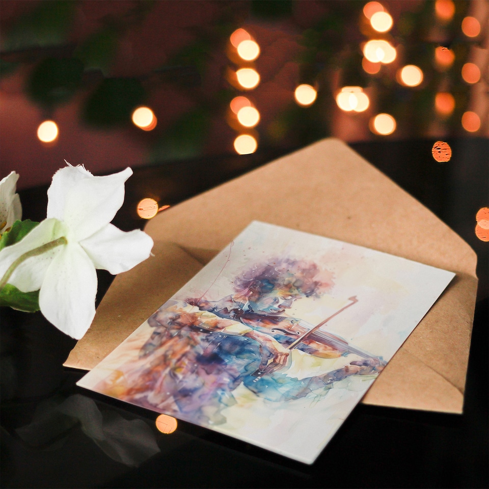 image 1 of Violinist Playing Violin Music Pastel Watercolour Birthday Card