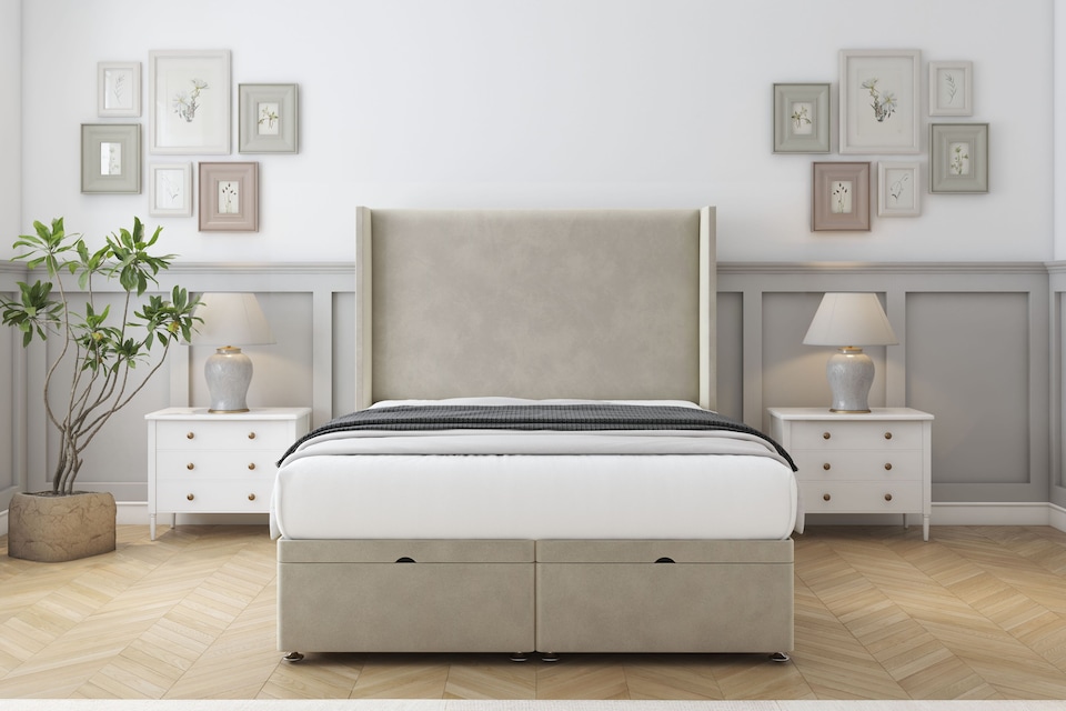 image 1 of Sloomy Devonshire Cream Plush Ottoman Bed Base With 54" Wingback Headboard 3' Single | Cream | Cream | Single | 1
