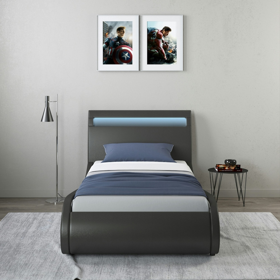 image 1 of Orion LED Lights Headboard Gaming Style Black Faux Leather Bed Frame (Single) | Black | Black | Single