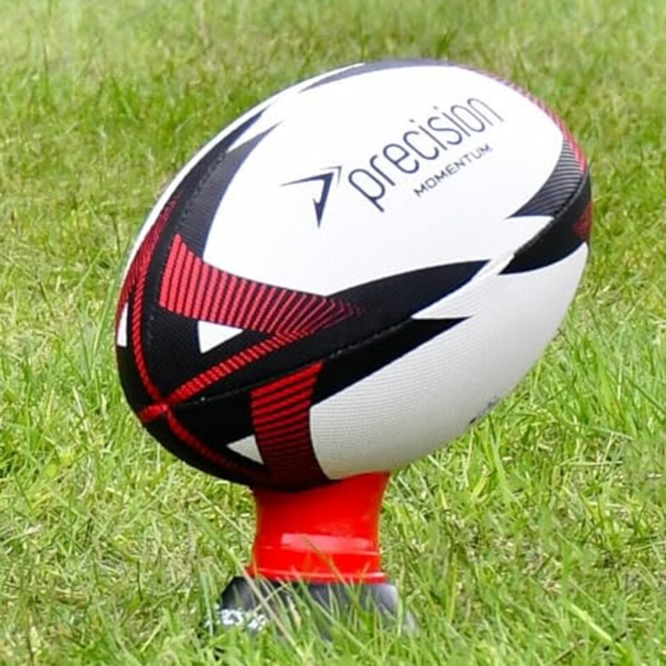 image 1 of Precision Momentum Rugby Training Ball, Premium Rubber, Hand-Stitched, All-Weather Grip, Extra Strong, Ideal For Clubs And Schools, White|Black|Red, Size 4