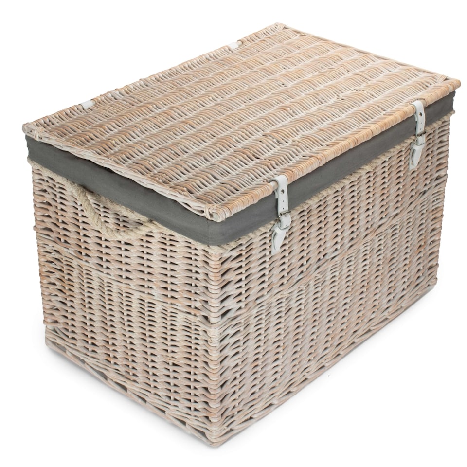 image 1 of Large White Wash Storage Hamper With Grey Lining Wicker Basket | Grey | Grey