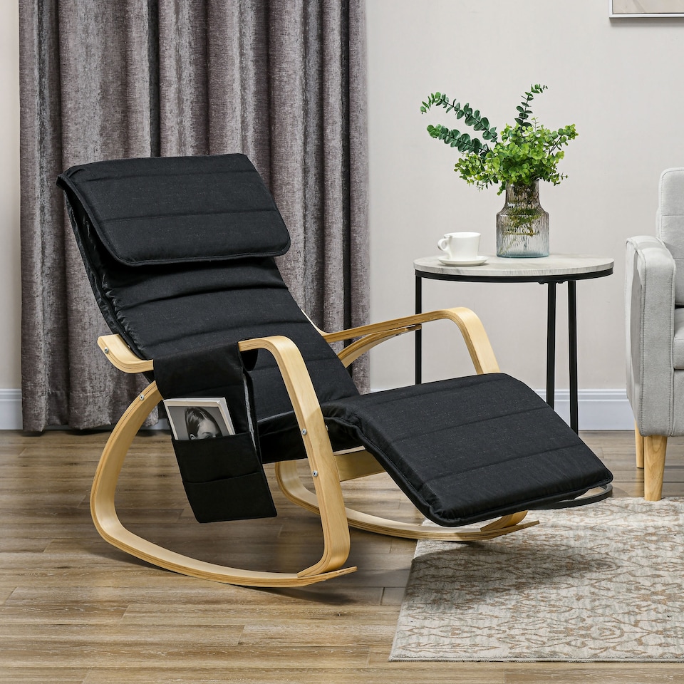 image 1 of HOMCOM Rocking Lounge Chair Recliner Relaxation Lounging Relaxing Seat with Adjustable Footrest, Side Pocket and Pillow, Black