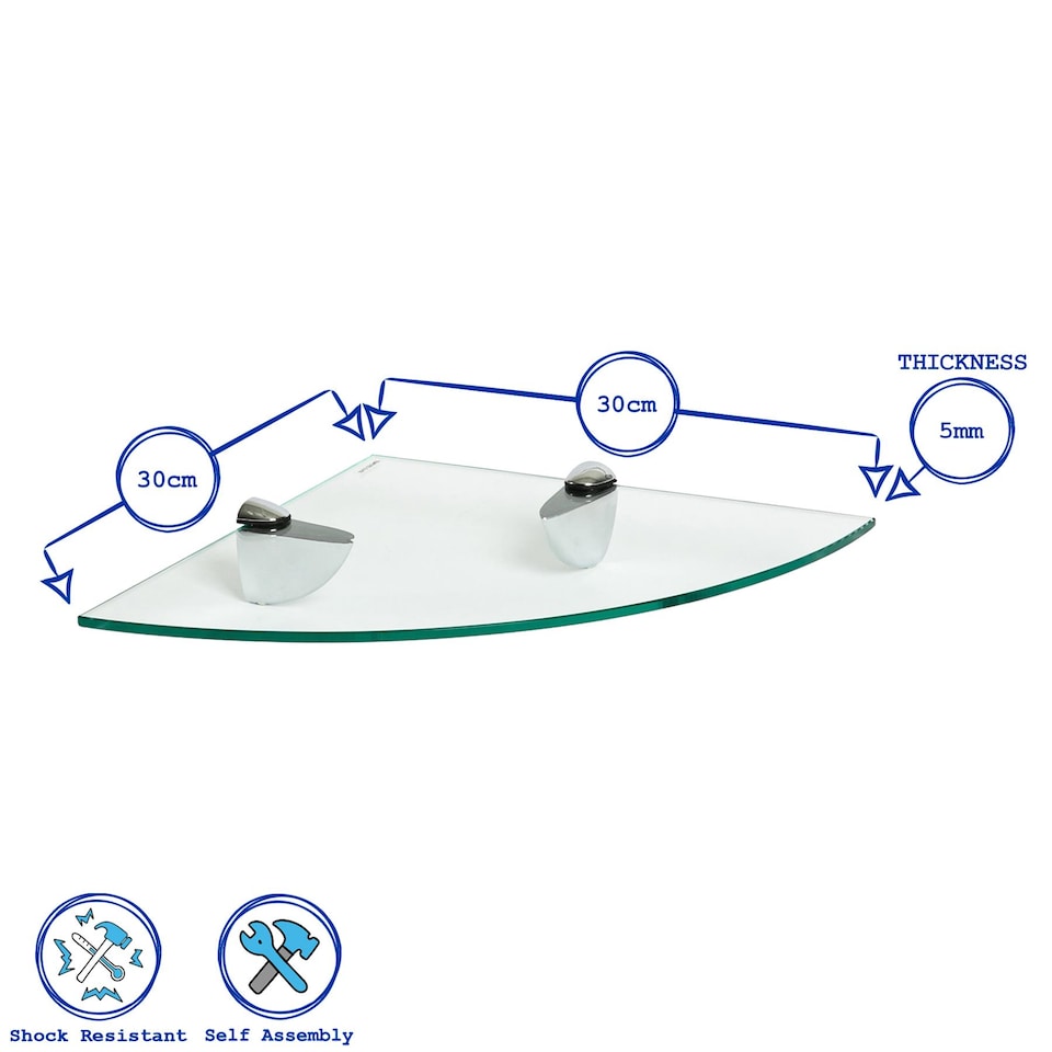 image 1 of Harbour Housewares 3x Floating Glass Corner Shelves - 30cm - Silver Brackets - Bathroom Shower Storage Vanity Display Unit Shelf | Silver | Clear/Chrome | 30 x 30 x 0.5 CM | 3