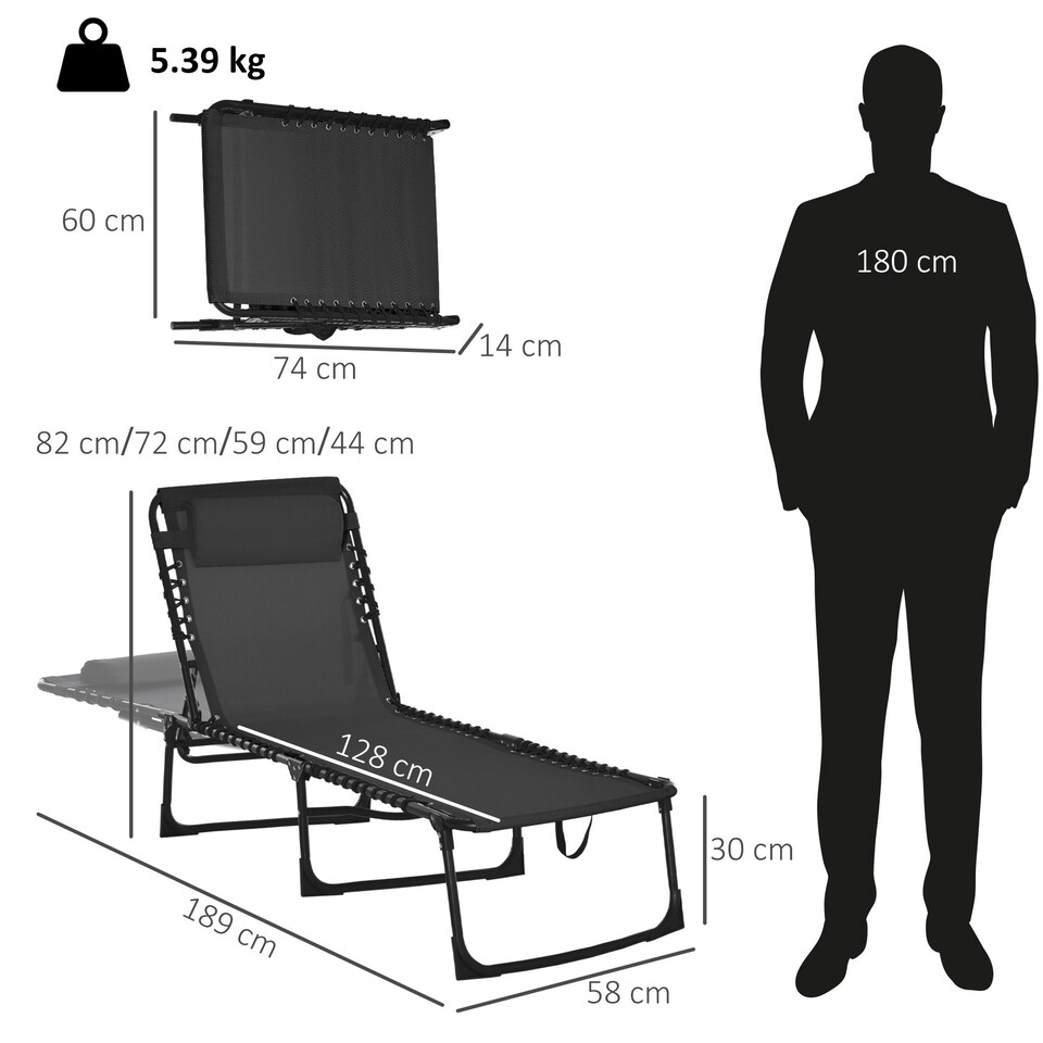 image 1 of Outsunny Folding Beach Chair Chaise Lounge 4 Adjustable Positions, Black
