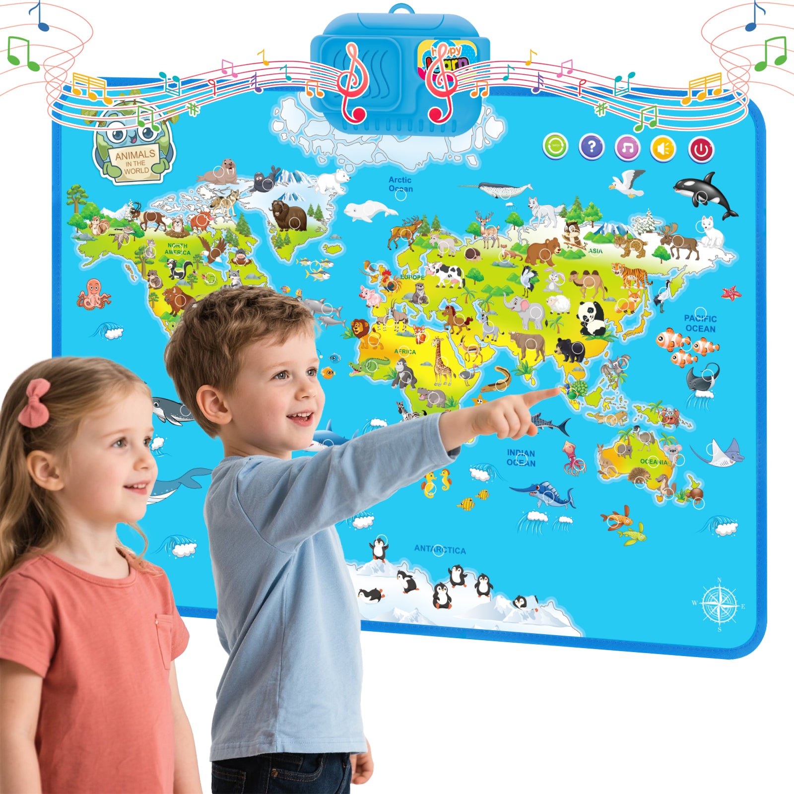 Interactive Talking World Animal Map for Kids – 105+ Animal Sounds, Names & Fun Facts – Touch‑Activated Educational Poster with Quizzes, Music & British Voice Audio – Learning Toy for Ages 3+