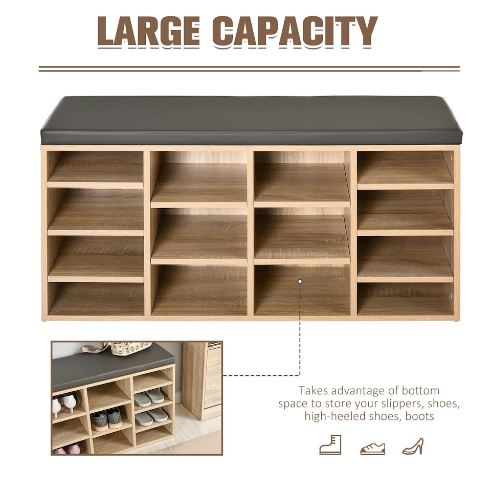 image 1 of HOMCOM Multi-Storage Shoe Rack 14 Compartments Cushion Moving Shelves Home Brown Yellow