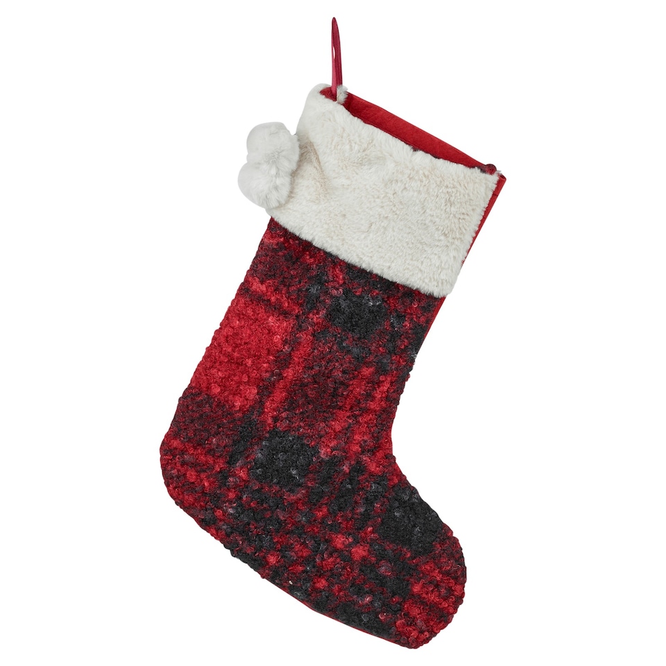 image 1 of 40cm Luxury Red Black Tartan Christmas Stocking Hanging Sock Sack Xmas Gift Faux
