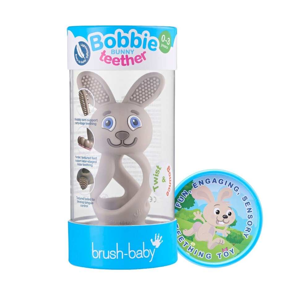 image 1 of Bobbie Bunny Baby Teether Toy Cappuccino Grey | Twist & Bounce Teething Toy