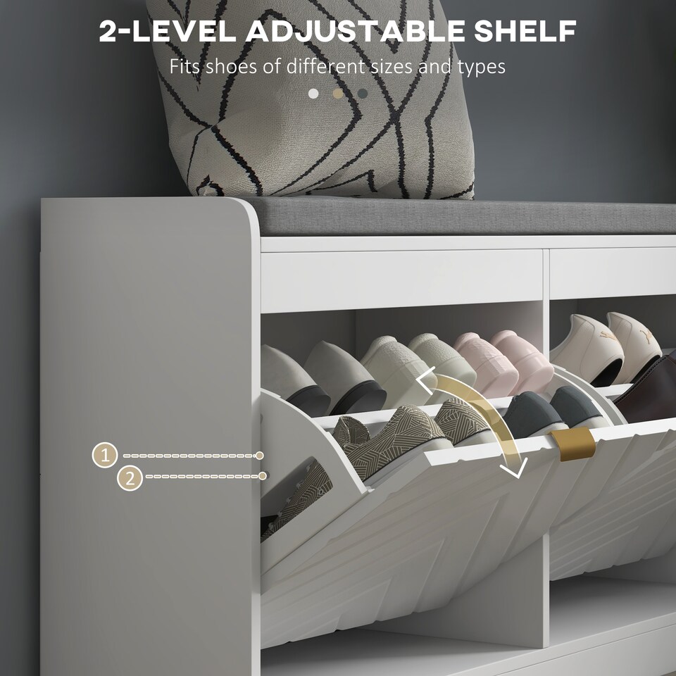 image 1 of HOMCOM Shoe Storage Bench, Narrow Shoe Bench with 2 Flip Drawers, Seating Cushion and 4 Vents for 8 Pairs of Shoes for Entryway, Hallway, White | White | White