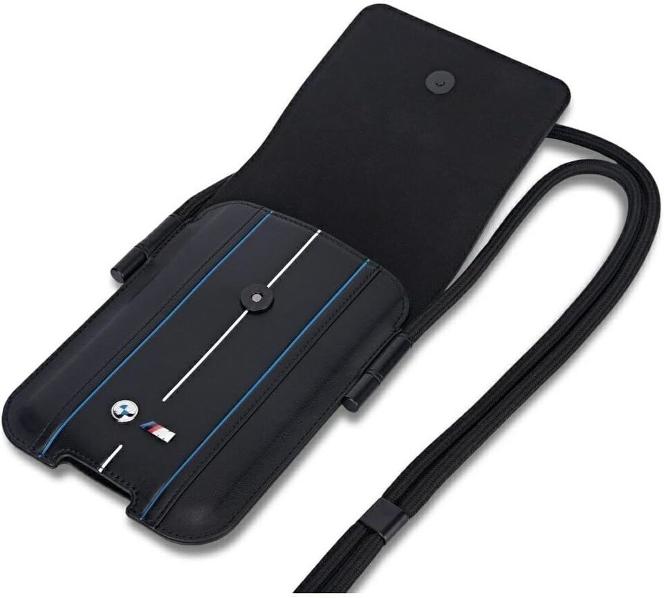 image 1 of BMW M Series Blue Stripes Universal Phone Pouch with Strap and Cardslot Black - BMPSP15XMPVSKL