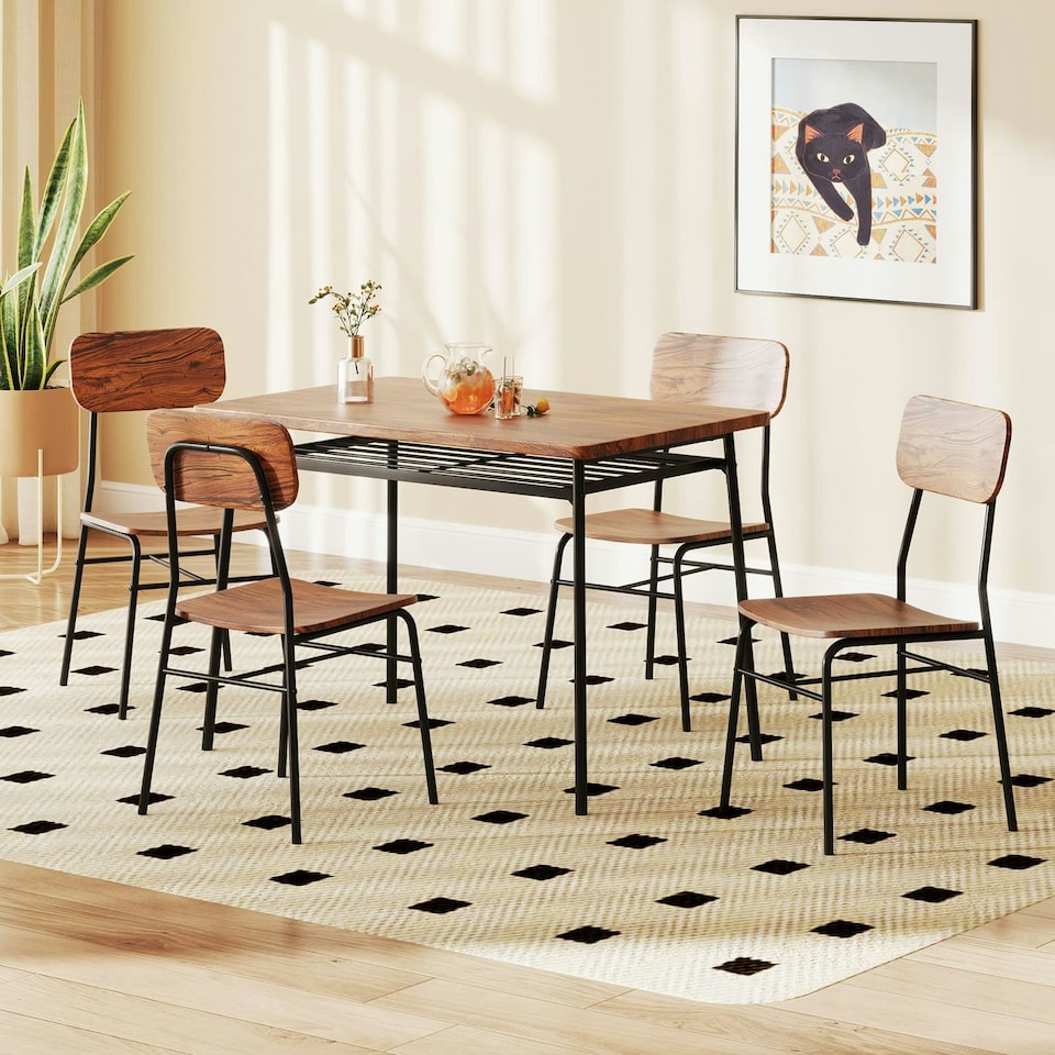 image 1 of COSTWAY 5Pcs Wood Square Kitchen Table & Chair Set Brown