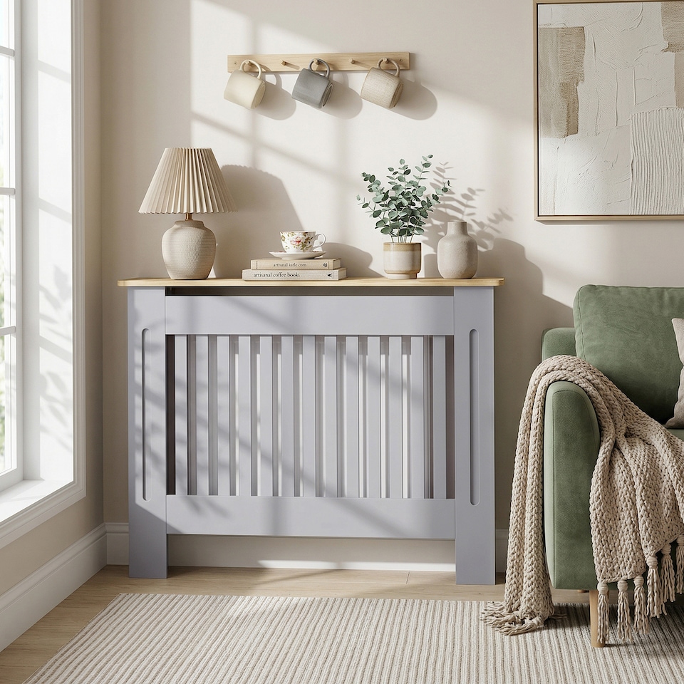 image 1 of HOMCOM Radiator Cover Painted Slatted MDF Cabinet Lined Grill 112x19x81cm