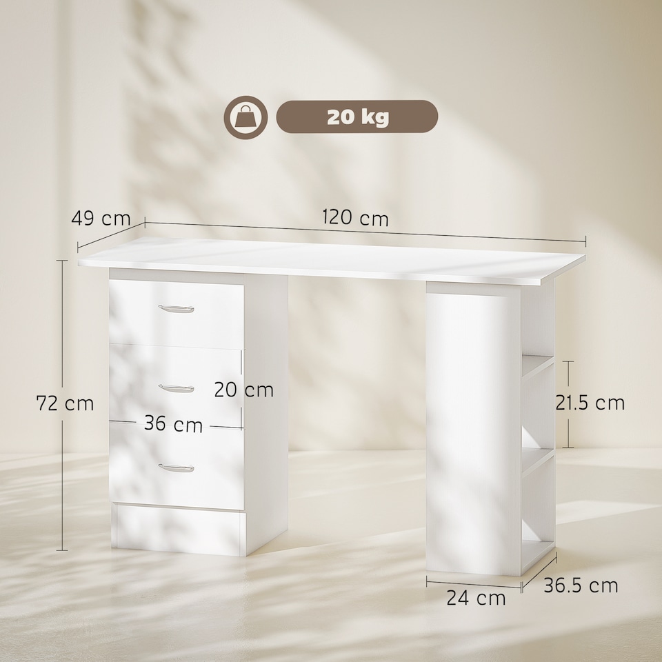 image 1 of HOMCOM Computer Desk, Writing Table, PC Workstation with 3 Storage Shelves and Drawers, Silver Handle, for Home Office, White