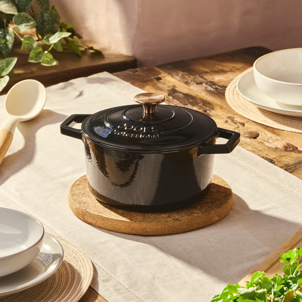 image 1 of Cooks professional Cast Iron Casserole Dish 20cm - Ovenproof Pan with Lid | Black | Shiny Black