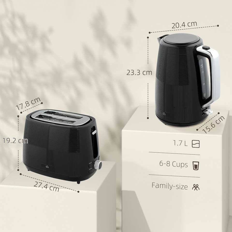 image 1 of HOMCOM 1.7L Fast Boil Electric Kettle and 2 Slice Water Toaster Set, Black