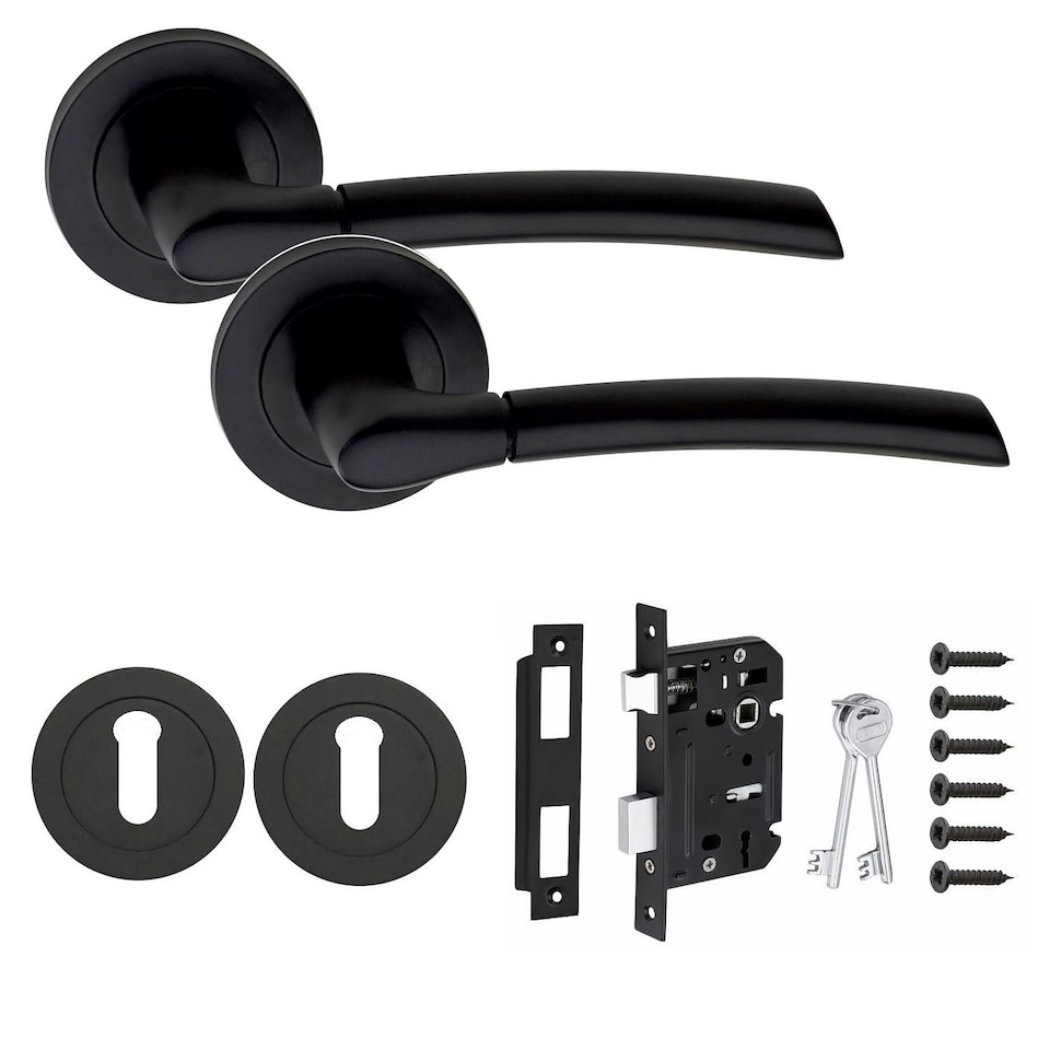 image 1 of Golden Grace Indiana Design Door Handles Set on Round Rose in Matt Black Finish with 64mm 3 Lever Mortise Lock & Key Hole Black