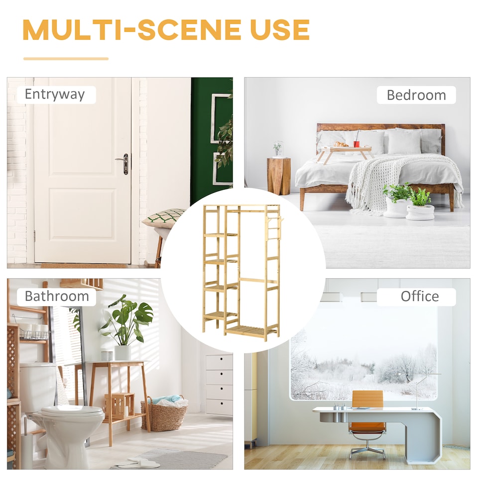 image 1 of HOMCOM Bamboo Garment Rack, Clothes Rack with Storage Shelf, Hanging Rail and Side Hooks for Entryway, Bedroom, Bathroom and Office, Natural