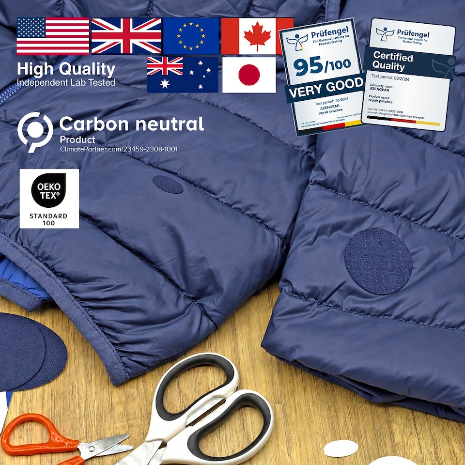 image 1 of aZengear Repair Patches (30+ Colours) for Puffer Jackets, Tents, Upholstery - Stick On, Waterproof, Tear-Cold-Heat-Resistant