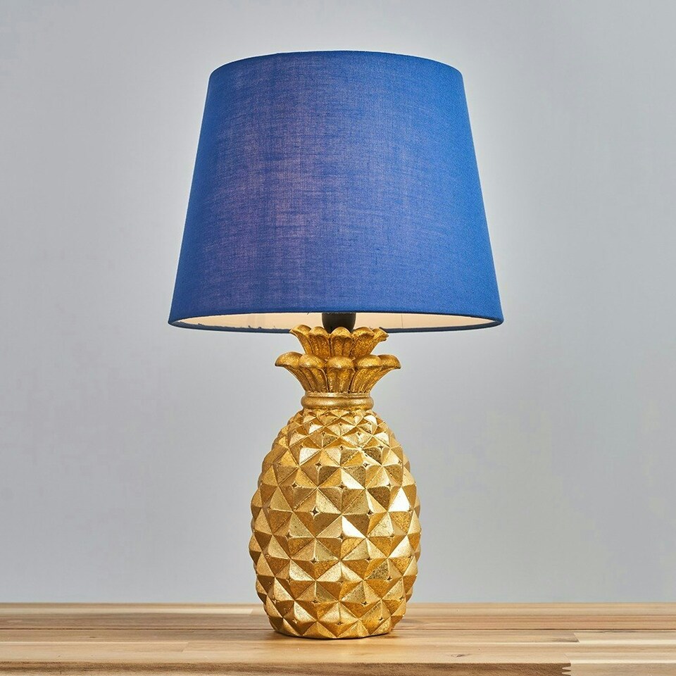 image 1 of ValueLights Pair Of Contemporary Pineapple Design Gold Effect Table Lamps With Navy Shades