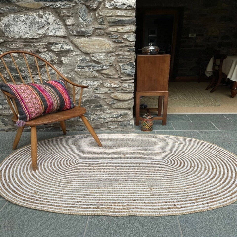 image 1 of CHAKKAR PALE Stripe Oval Beige Hall Rug - Jute - L75 x W120 Brown