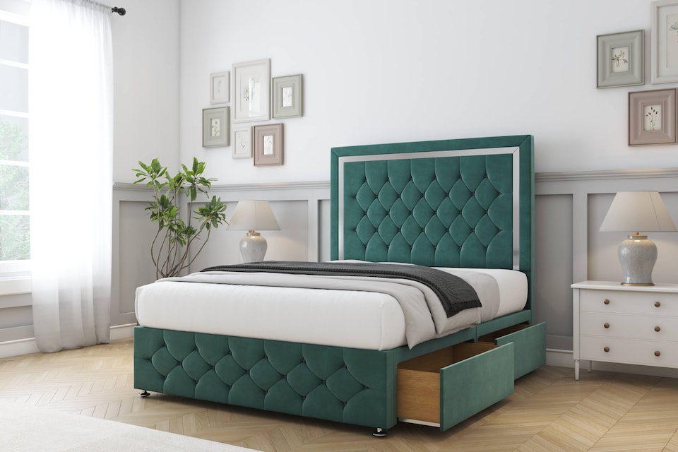 image 1 of Sloomy Sofia Chrome Emerald Plush Divan Bed With Mattress 2 Drawers Left Side With 54" Floor Standing Headboard & 12" Matching Footboard 5' King | Green | Emerald | King | 1