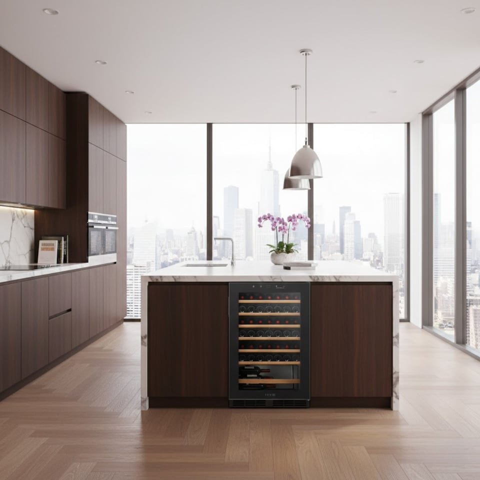 image 1 of HYE 130L Wine Cooler 48 Bottles, 54cm, Touch Controls, LED Lights, Black, Wooden Shelves - RF01WC48B31