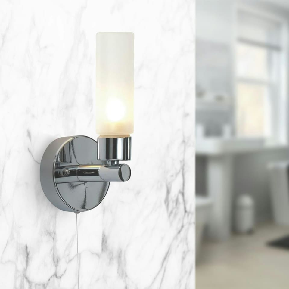 image 1 of First Choice Lighting Set of 2 Polished Chrome IP44 Bathroom Wall Light With Pull Cord Switch Chrome | White