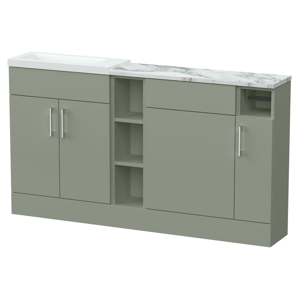 image 1 of Balterley Wichnor Contemporary Floor Standing Compact 3 Door Vanity Basin WC Combination Unit with Basin and Worktop, 1500mm, Fern Green