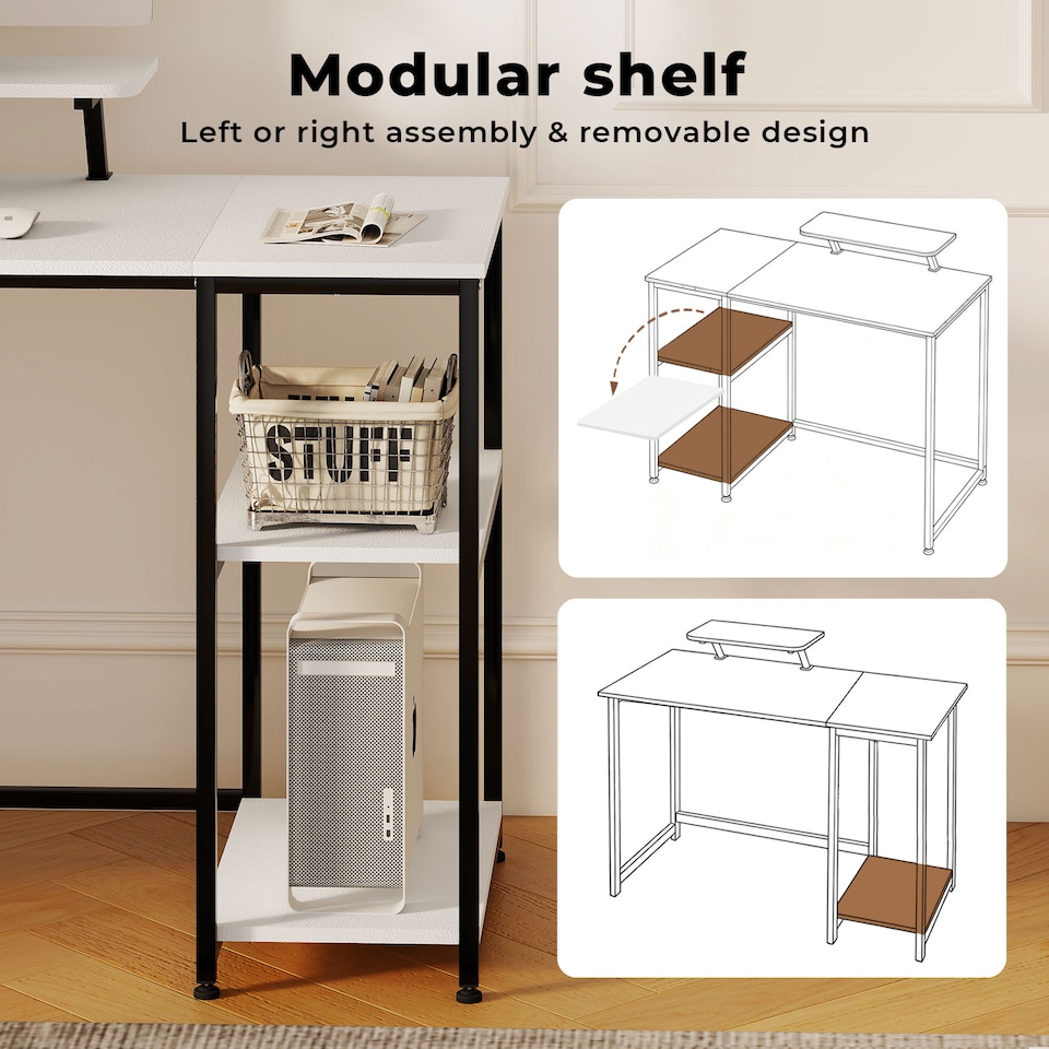 image 1 of Levede Computer Desk Home Office Table with Storage Shelves Monitor Stand | White | White