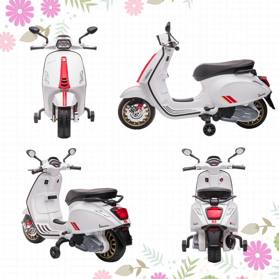image 1 of AIYAPLAY Vespa Licensed 12V Kids Electric Motorbike, Kids Ride on Motorcycle with Music, Head Light, MP3, FM Radio, Two Training Wheels, for 3-6 Years - White