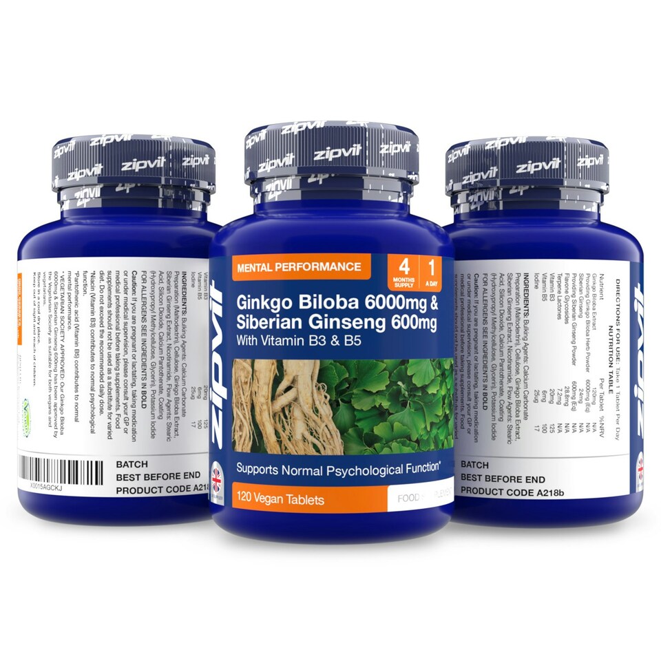 image 1 of Zipvit Ginkgo Biloba 6000mg & Siberian Ginseng 600mg with Vitamin B3 & B5, Energy & Mental Performance, 120 Vegan Tablets, 4-Month Supply