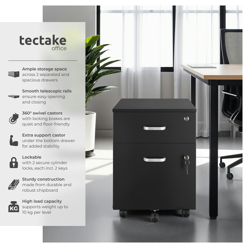 image 1 of Filing Cabinet - 2 rolling, lockable drawers, fits A4 documents Black