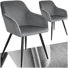 Dining Chair Marilyn - with armrests, padded, velvet look, black steel legs - Set of 2 Grey | Grey/Black