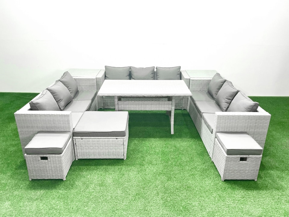 image 1 of Fimous Rattan Garden Outdoor Furniture Set 12 Seater Garden Sofa Rectangulr Dining Table Set with 3 Footstools 2 Side Tables Light Grey Mixed
