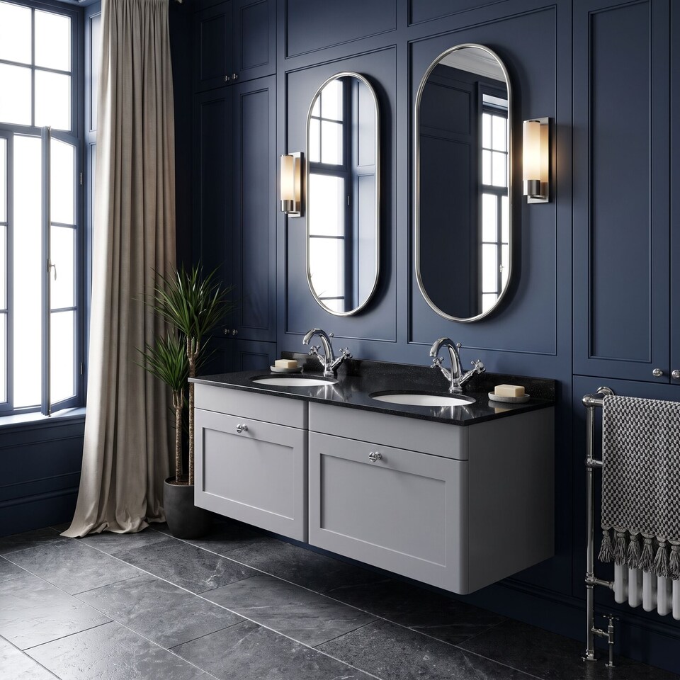 image 1 of Balterley Swynnerton Traditional 2 Drawer Wall Hung Vanity Unit with Double Marble Basin, Satin Grey, 1200mm