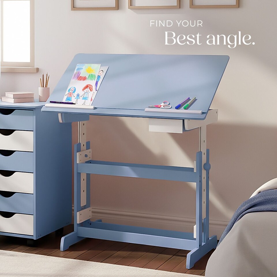 image 1 of Desk - for children, wooden, tiltable tabletop, 7 height settings, with drawer | Blue | blue | 109 x 55 x 94 cm | 1