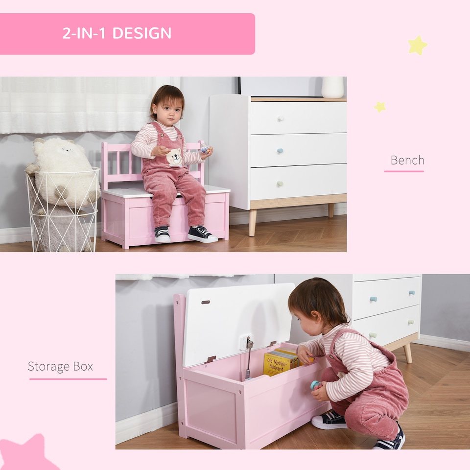 image 1 of 2 In 1 Wooden Toy Box, Kids Seat Bench Storage Chest, 60 x 30 x 50cm