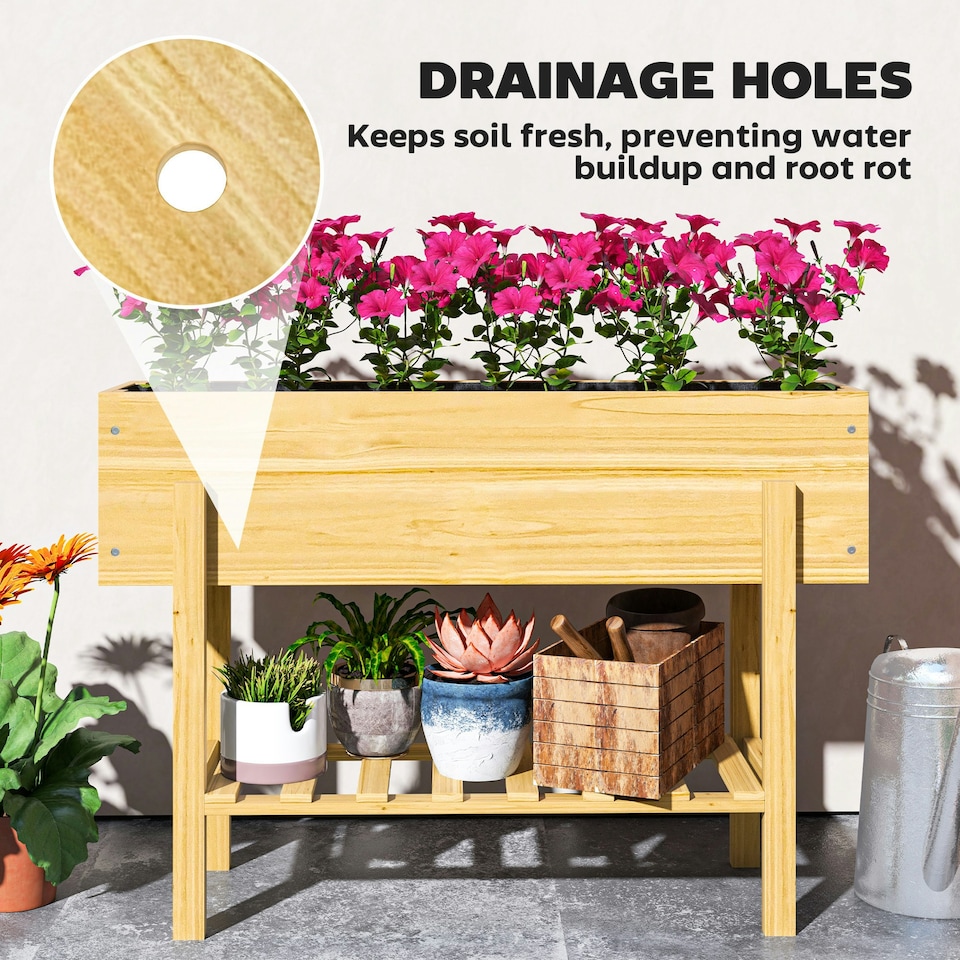 image 1 of Outsunny Wooden Raised Bed w/ Bed Liner, Storage Shelf