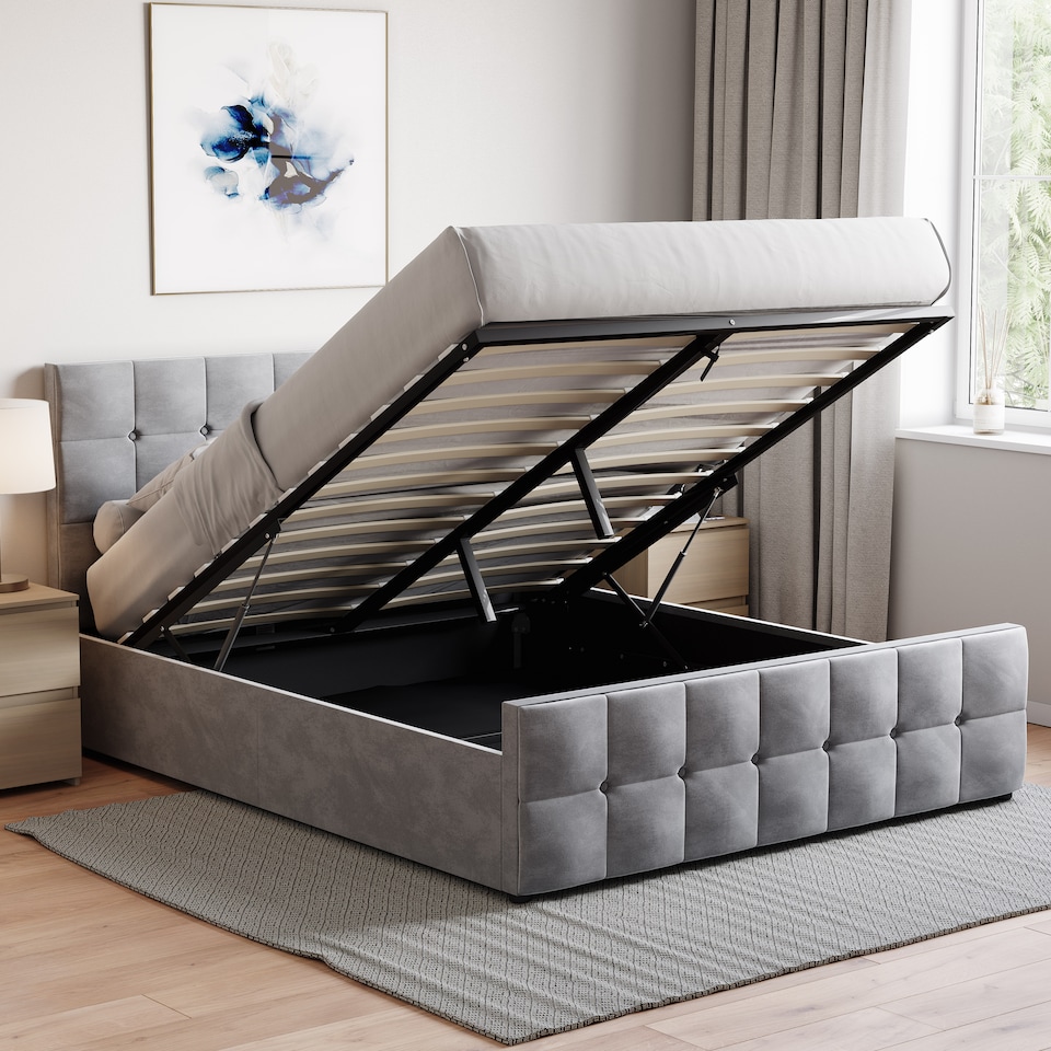 image 1 of Vida Designs Valentina 5ft King Size Ottoman Bed Storage Fabric Upholstered, Light Grey Velvet, 150 x 200cm