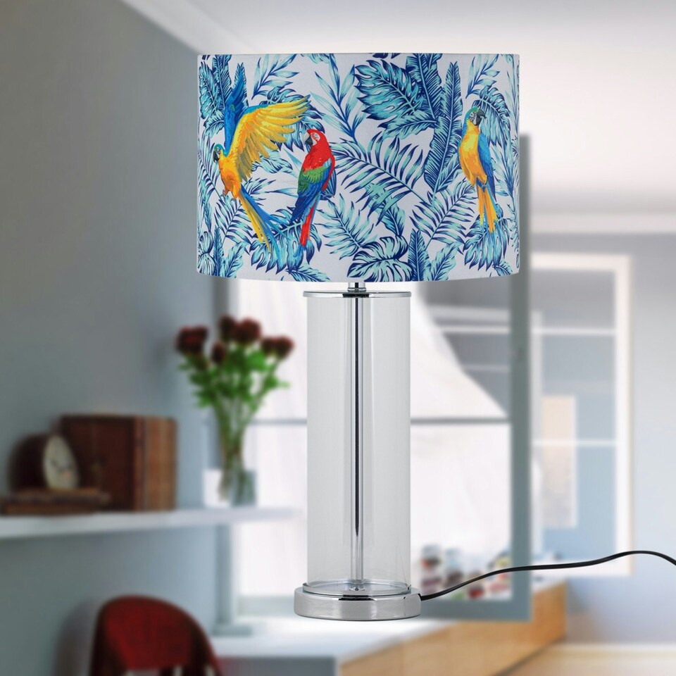 image 1 of Aura - Chrome Table Lamp with Parrot Velvet Shade Chrome | Multi