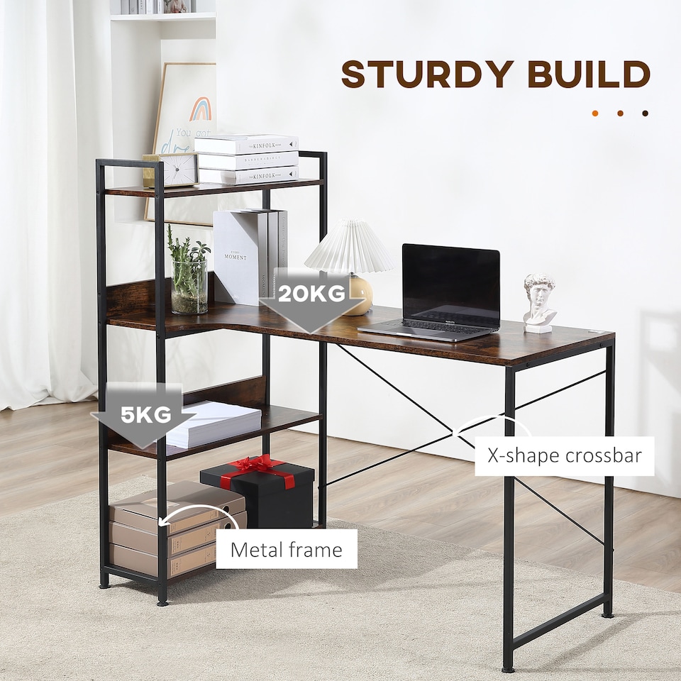 image 1 of HOMCOM Office Desk with Storage Shelves, 120 CM Computer Desk, Industrial Study Table with Metal Frame for Home Office Small Space, Rustic Brown