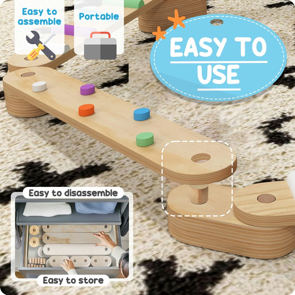 image 1 of AIYAPLAY Wooden Balance Beam for Kids 3-8 Years, Indoor Outdoor Use