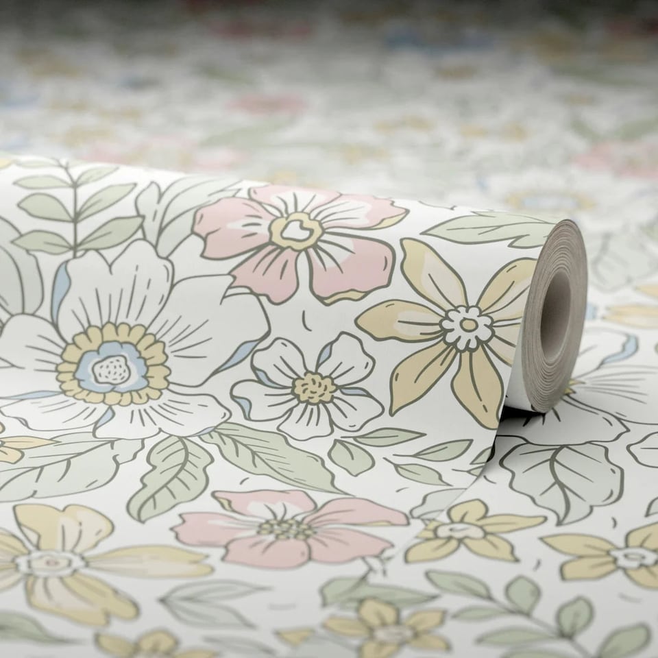 image 1 of Gorgeous Gardenia Wallpaper in Soft Pastels | Green | Green, Light, Multicoloured, Peach, Pink | 50cm x 10m