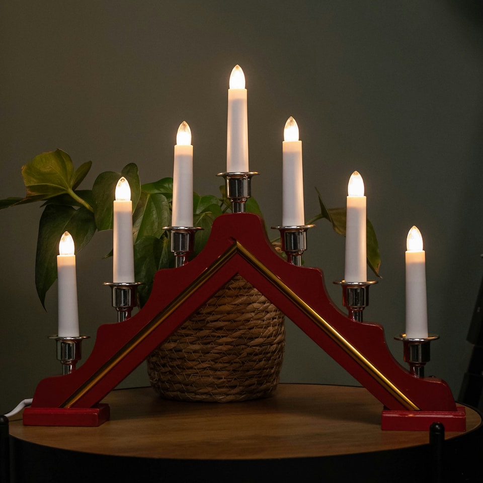 image 1 of 39cm Light up Red Wooden Christmas Candle Bridge with Silver Cups & 7 Warm White LEDs
