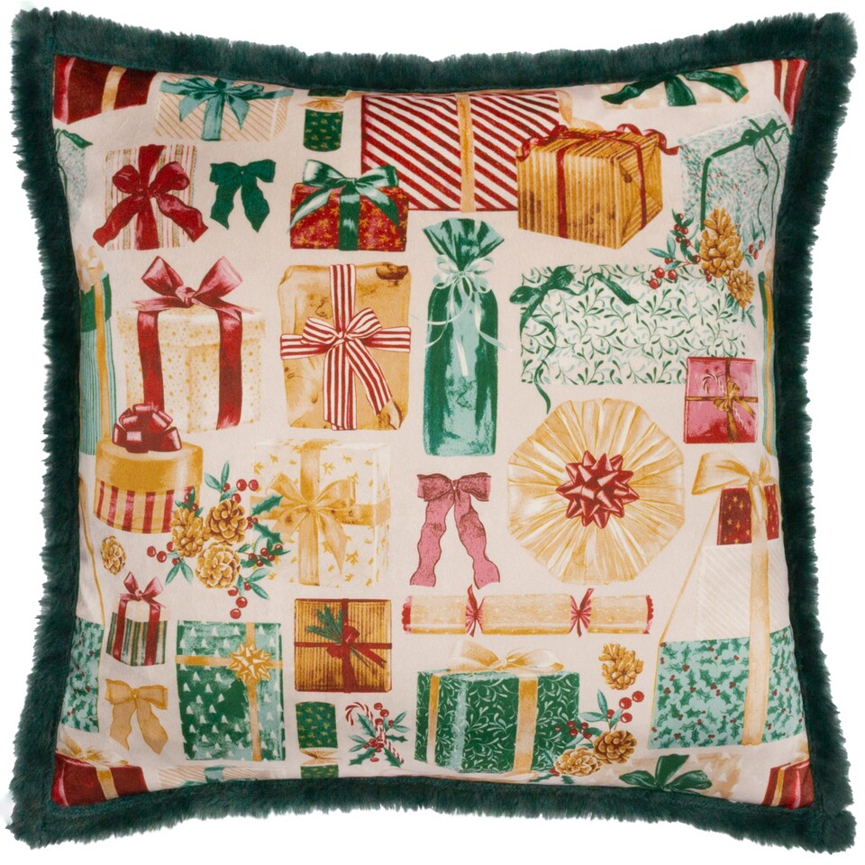 image 1 of Furn All Wrapped Up Velvet Faux Fur Cushion | Green | Emerald/Red