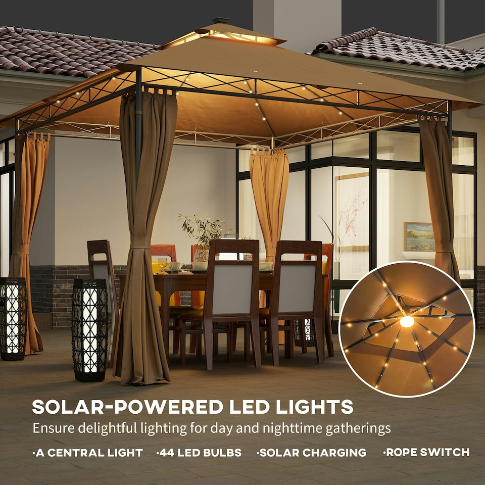 image 1 of Outsunny 3 x 3 m Double Roof Outdoor Gazebo with Curtains, Brown