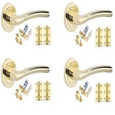 Golden Grace 4 Sets Indiana Design Door Handles in Polished Brass Finish with Tubular Latch and 1 Pair of 3" Ball Bearing Hinges Gold
