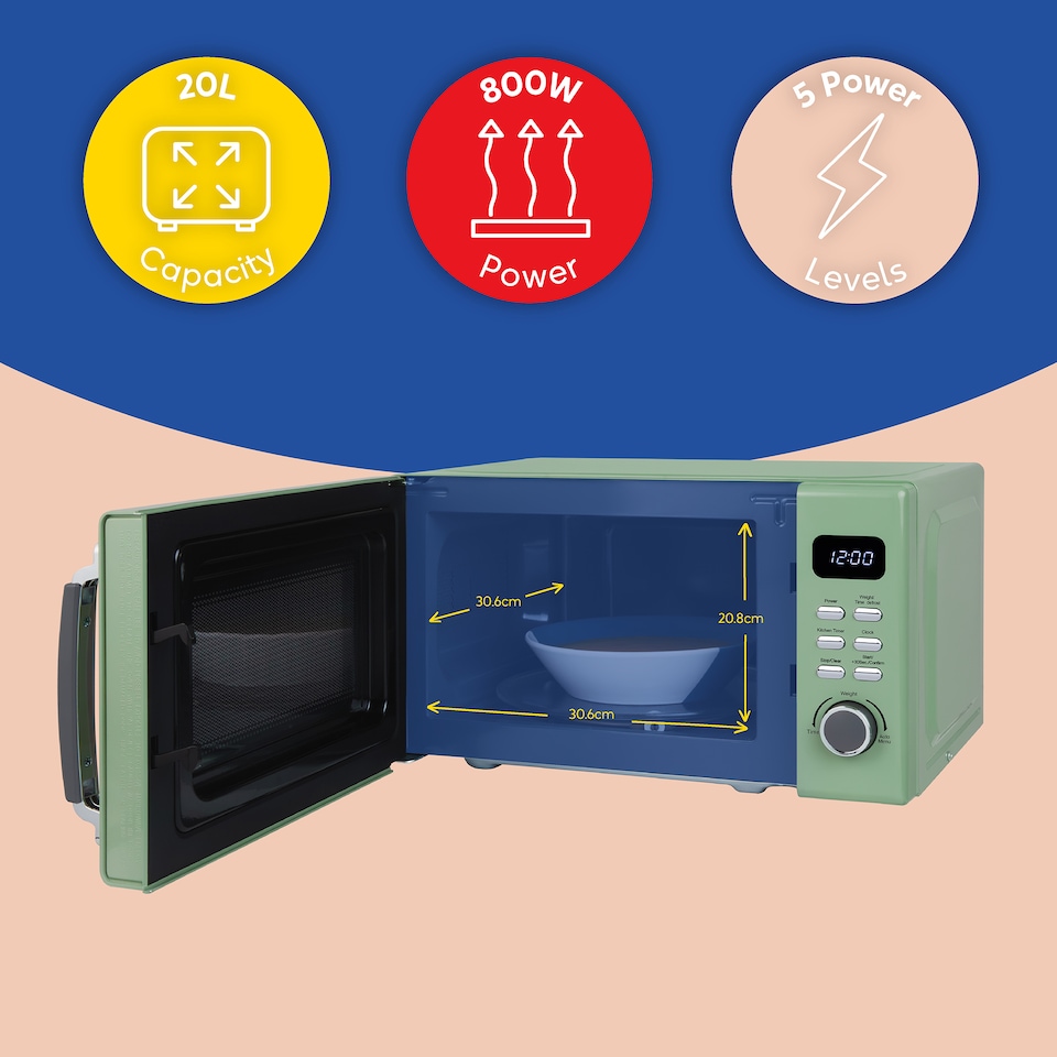 image 1 of Russell Hobbs Sage Green Digital Microwave STYLEVIA, 20 Litre 800W with 5 Power Levels, Mirror Finish RHM2026SG